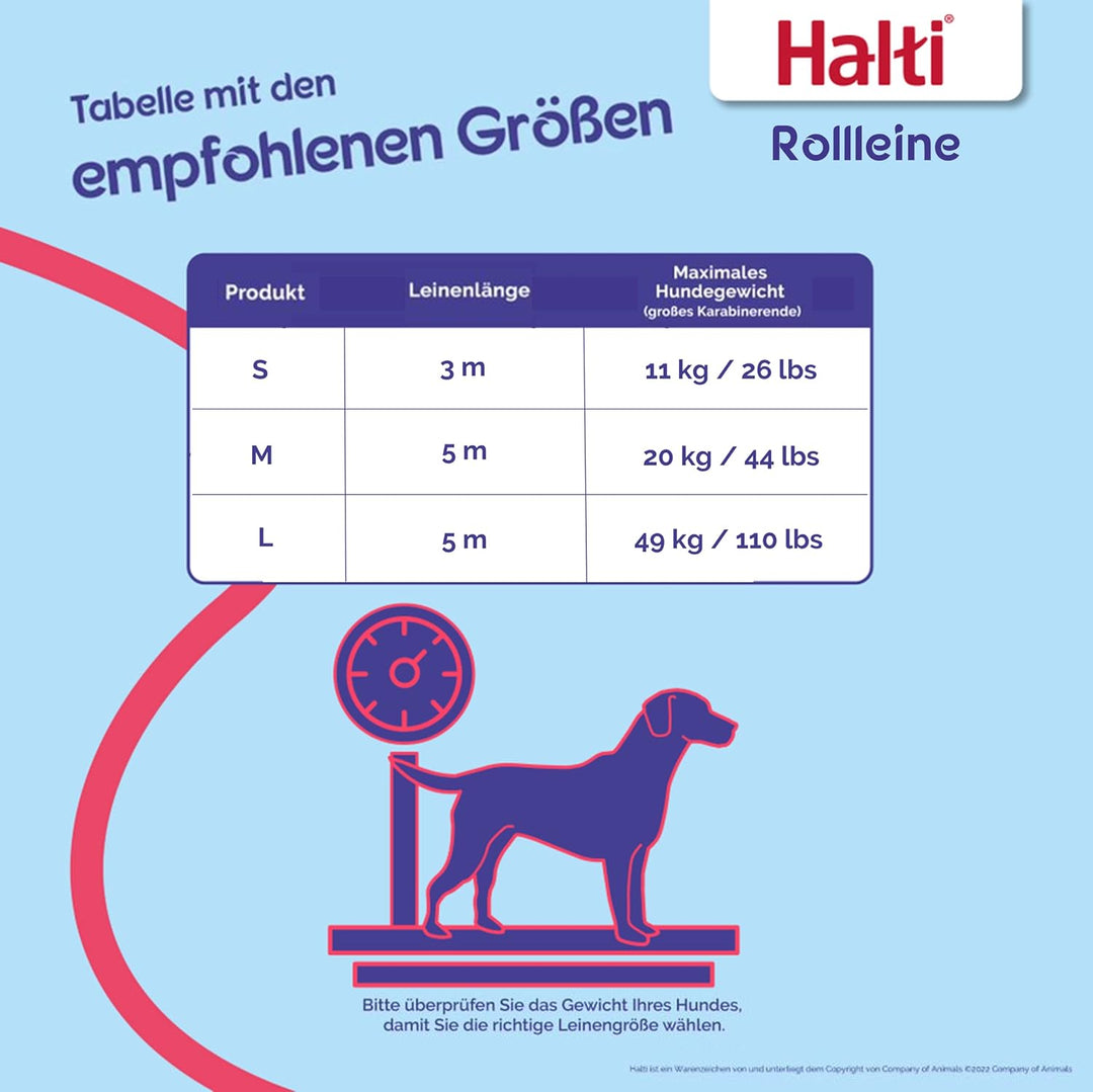 HALTI Rollleine - Hundeleine mit Reflektorgewebe, ergonomischer weicher Gelgriff und patentierte ein