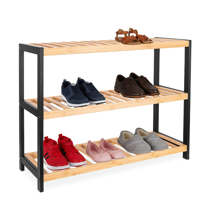 Relaxdays Schuhregal, HxBxT: 55 x 70 x 26 cm, Bambus, 3 Ebenen, 9 Paar Schuhe, Schuhständer Gitterab