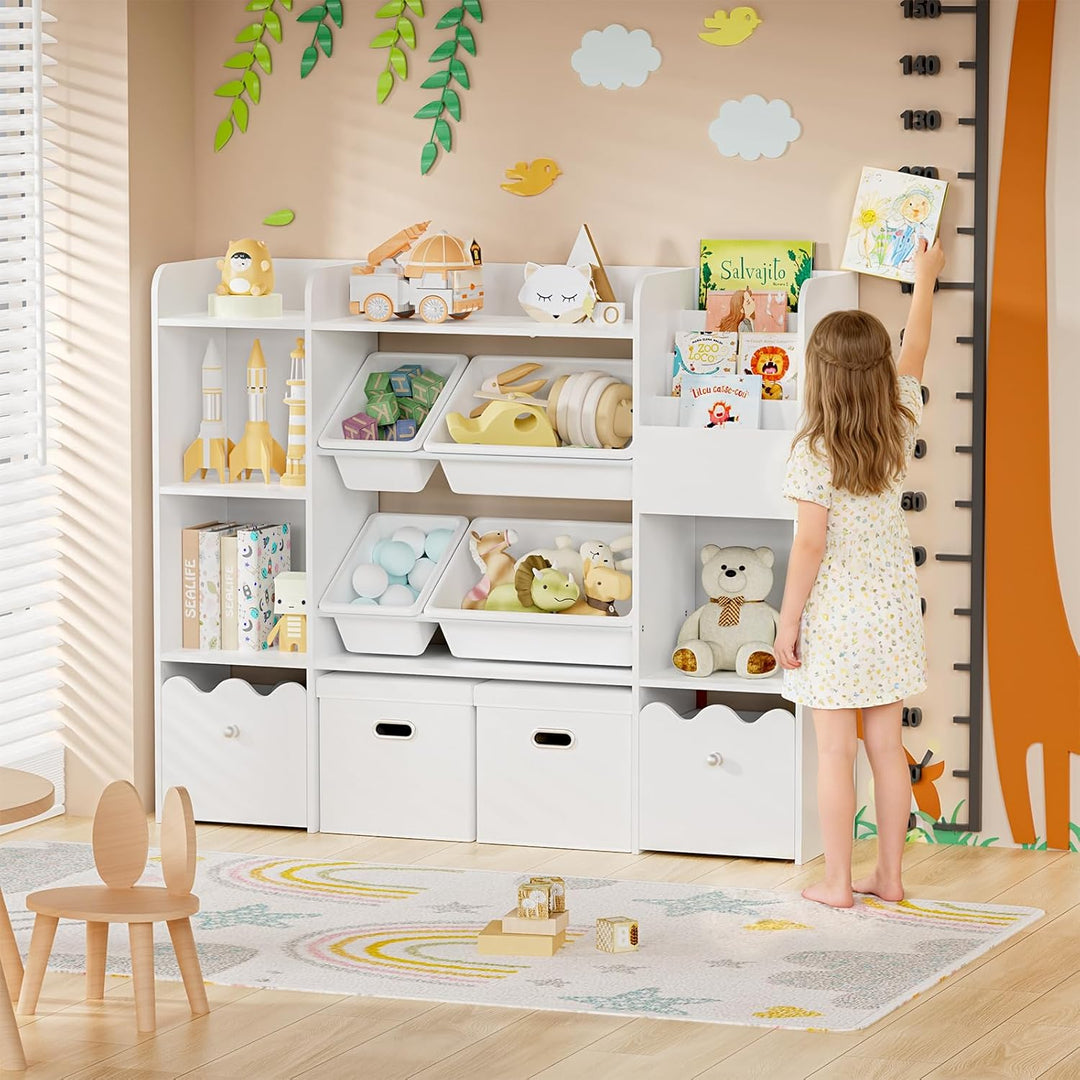 HOMMPA Holz Kinder Bücherregal Kinderregal mit 4 Boxen und Schubladen kommode Kinderzimmer Regal Wei