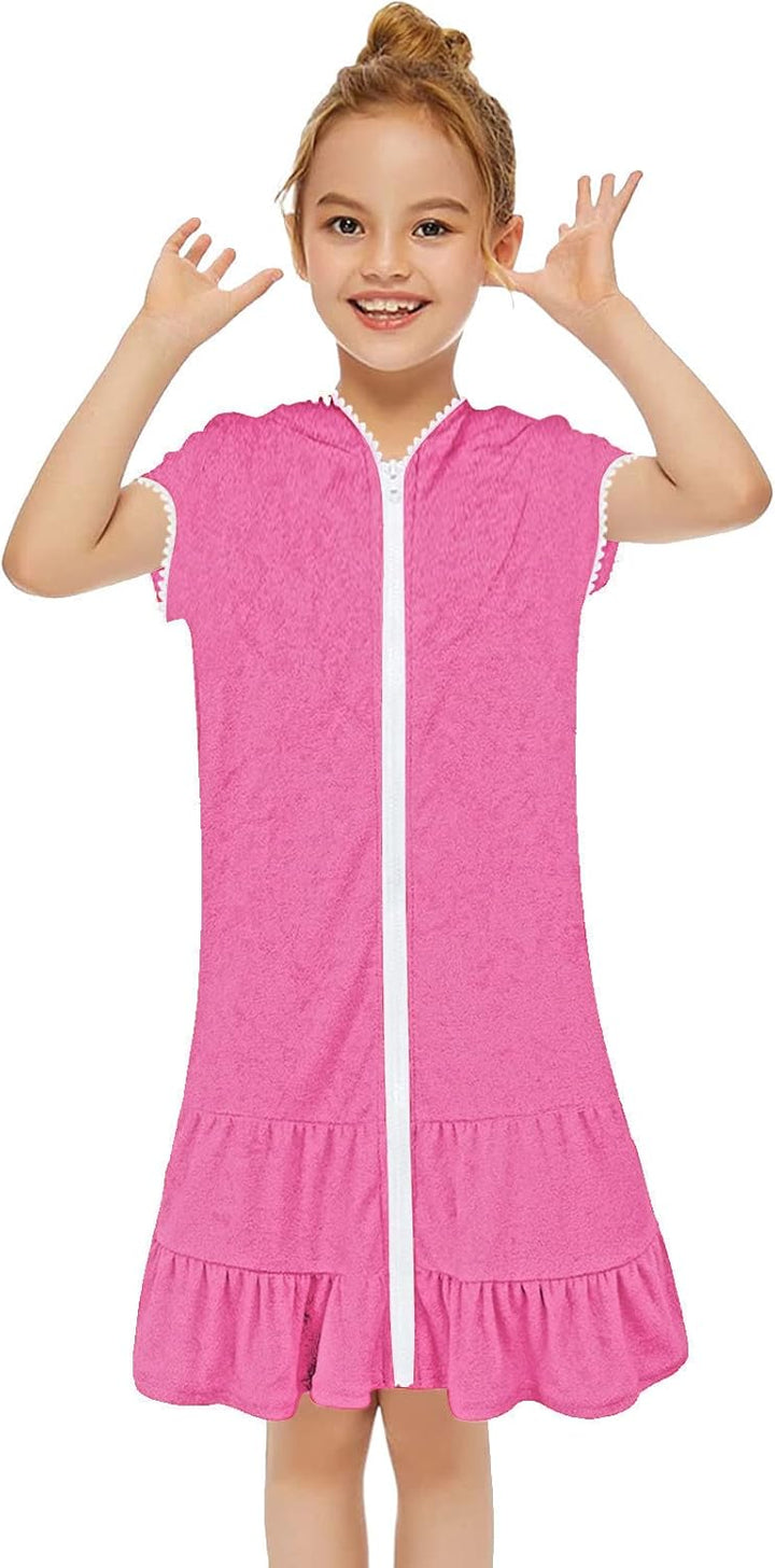 Mädchen Kurzarm Frottee Badeponcho mit Seitentaschen Lila Reissverschluss Surf Poncho, Kapuzen-Badem