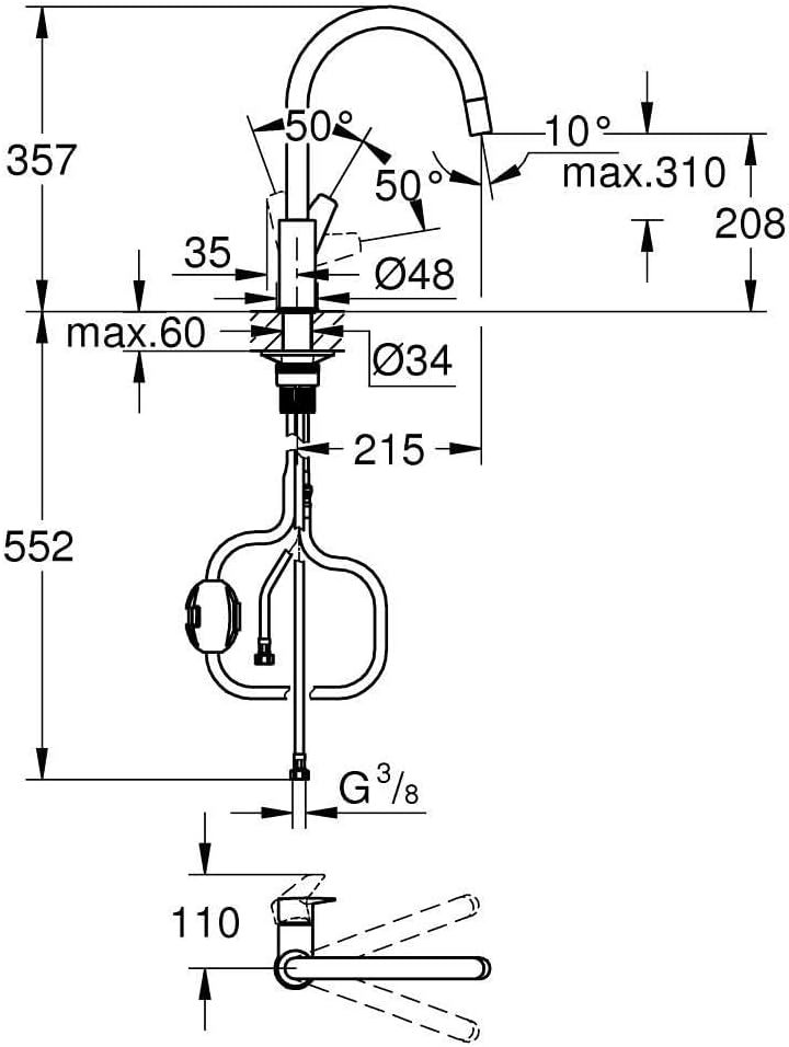 GROHE StartEdge - Einhand- Spültischarmatur (hoher Auslauf, herausziehbare Mousseurbrause, Schwenkbe