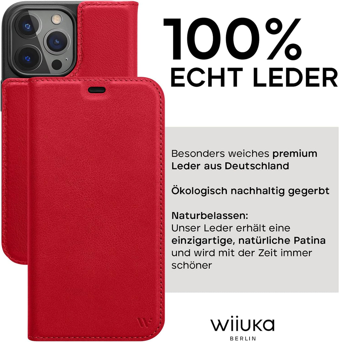 WIIUKA Hülle für iPhone 14 Pro, Leder aus Deutschland, mit Kartenfach, extra Dünn, Handyhülle mit St