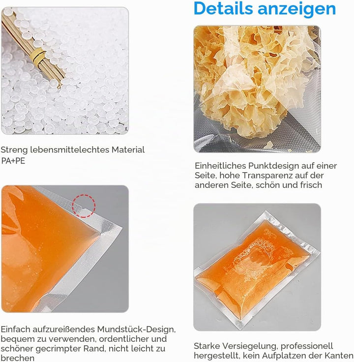 200 Stück Vakuumierbeutel 10x15/15x20/20x25/20x30, Gefrierbeutel, Sous Vide Beutel, BPA-Frei, Eingep