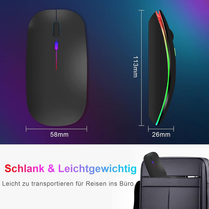 Bluetooth Maus kabellos (Bluetooth 5.1 + USB 2,4 GHz) LED Dual Mode- Wiederaufladbare Optische Offic