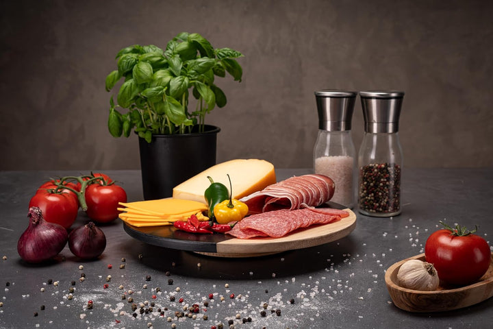 drehbare Schieferplatte mit Edelholz rund Servierplatte Kuchenplatte Wurstplatte Käseplatte Schiefer