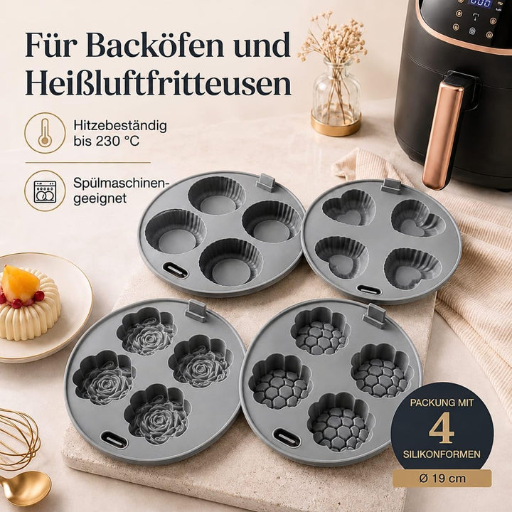 Set 4 runde Silikonformen für Heissluftfritteuse und Backofen Ø19 cm – Wiederverwendbares Airfryer-Z