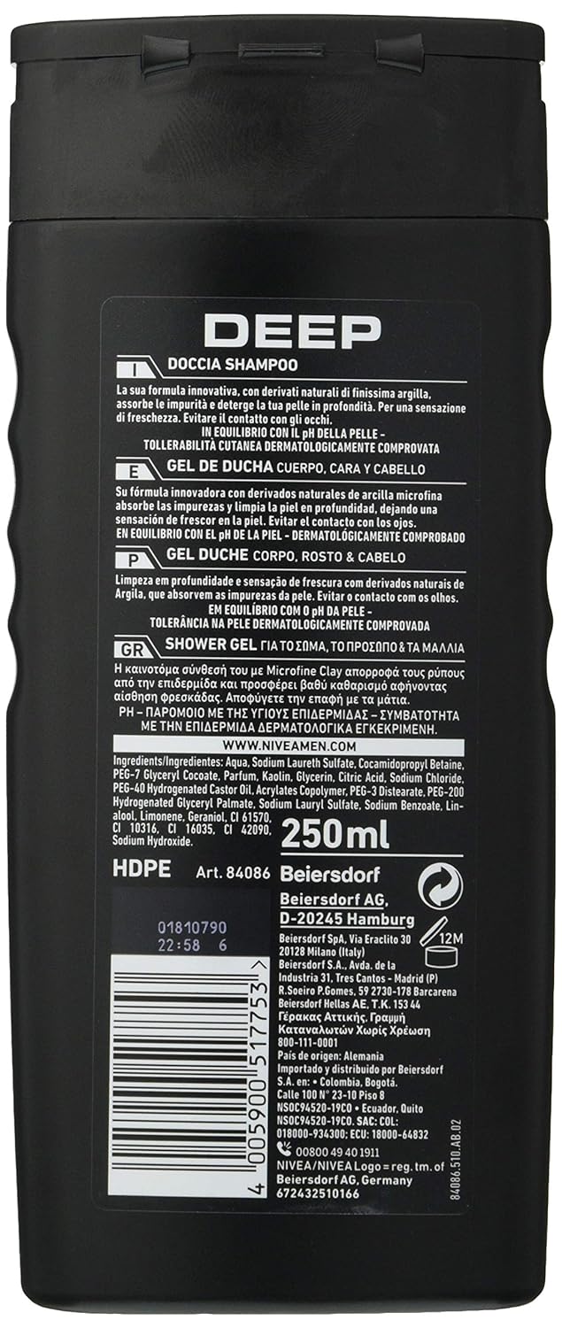 NIVEA MEN Deep Clean Dusche Shampoo im 6er Pack x 250 ml, Herren Schaumbad für Körper, Gesicht und H