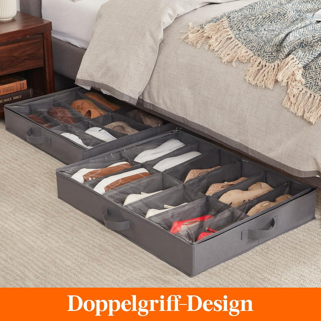 Lifewit Unter-dem-Bett-Schuhbox, 2er-Pack (12+4 Paar), 11 cm hohe Stoffbox faltbar mit transparentem