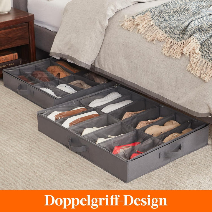 Lifewit Unter-dem-Bett-Schuhbox, 2er-Pack (12+4 Paar), 11 cm hohe Stoffbox faltbar mit transparentem