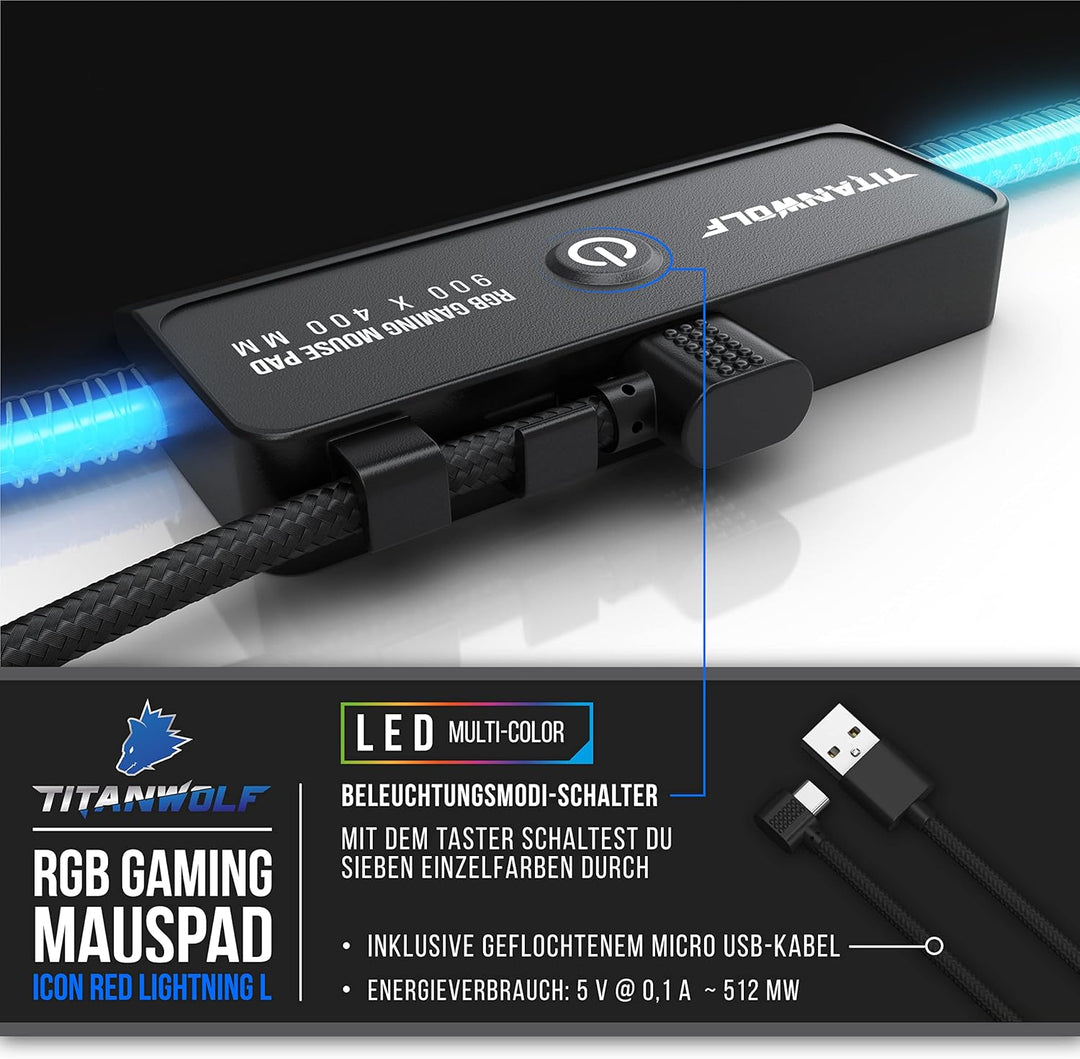 CSL-Computer Titanwolf RGB Gaming Mauspad LED 900 x 400 mm, XXL Beleuchtung, 11 Modi, 7 Farben, wasc