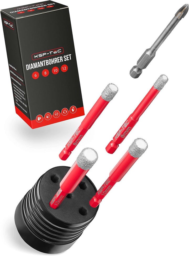 KSP-TEC® | Fliesenbohrer Set - 6,8,10,12mm | zum Bohren von Fliesen, Glas, Marmor, Granit uvm. - Ker