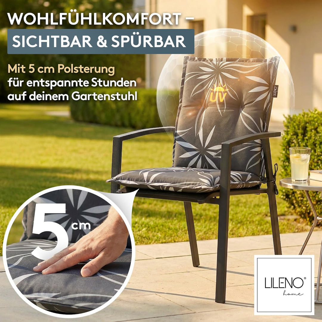 LILENO HOME Gartenstuhl Auflagen als [2er Set - Niedriglehner] in Blume Anthrazit-Weiss - bequeme Li