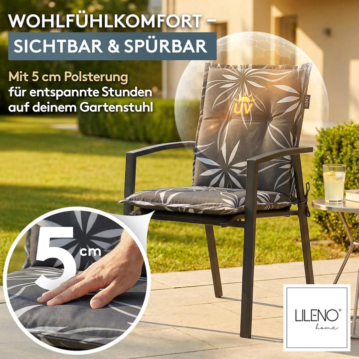 LILENO HOME Gartenstuhl Auflagen als [2er Set - Niedriglehner] in Blume Anthrazit-Weiss - bequeme Li
