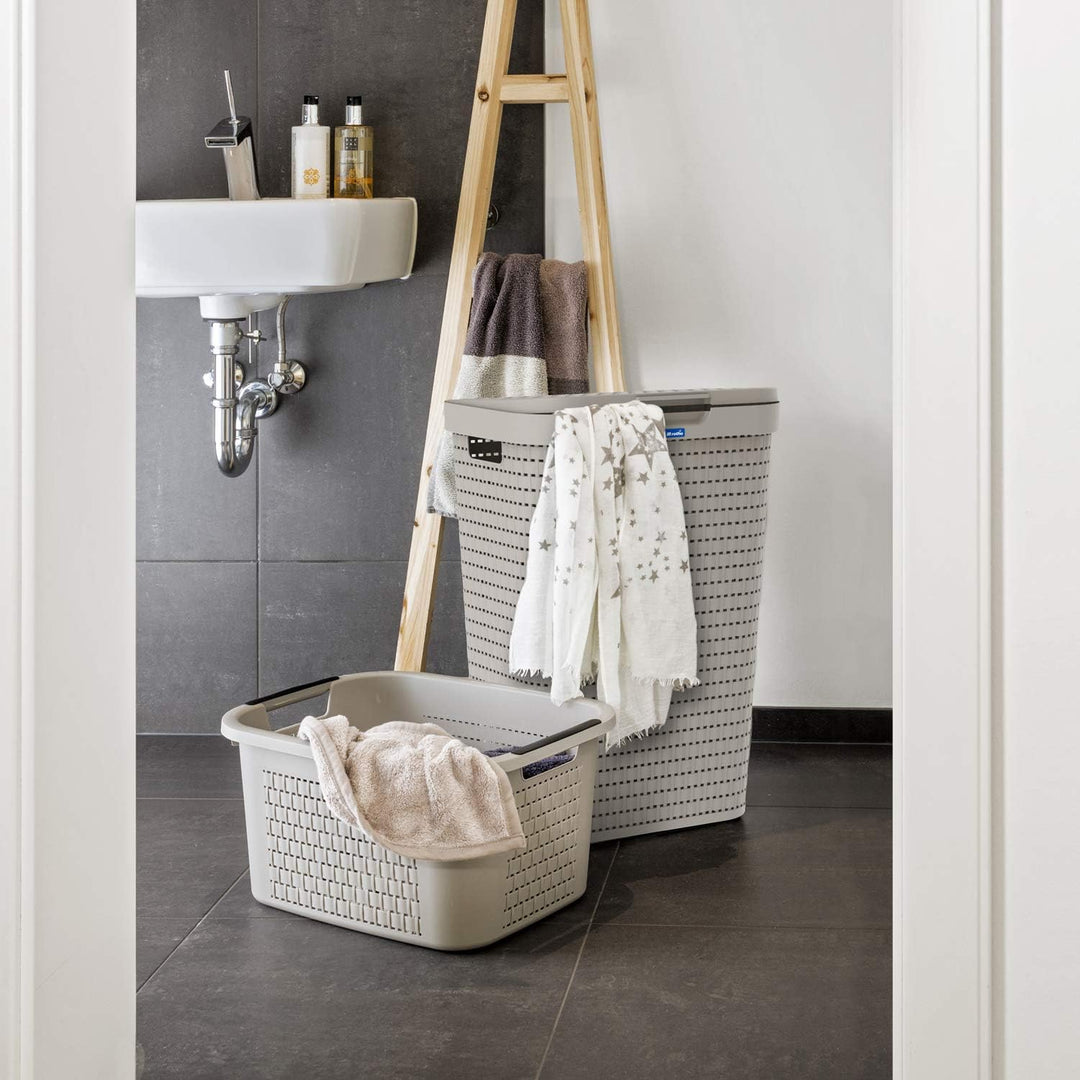 Rotho Country Wäschesammler Kunststoff mit Deckel 55l | Wäschekorb schmall in Rattan-Optik | Deckel