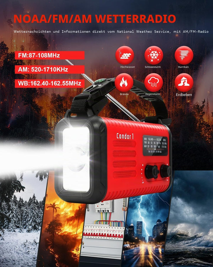 20000mAh Kurbelradio, tragbares Solar-Notfallradio mit AM/FM-Empfang, SOS Alarm, LED-Leselicht und T