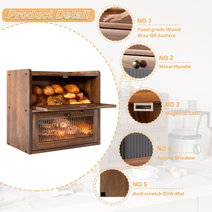 Brotkasten Holz, 2 Etagen Gross Brotbox mit Belüftungsloch, Längere Frische & Einfache Pflege, Küche
