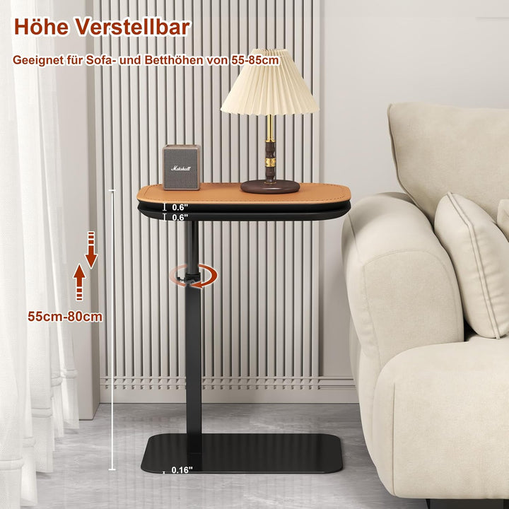 Beistelltisch C Form Höhenverstellbar, Klein Couchtisch Holz Sofatisch, Doppelter Tischplatte Laptop