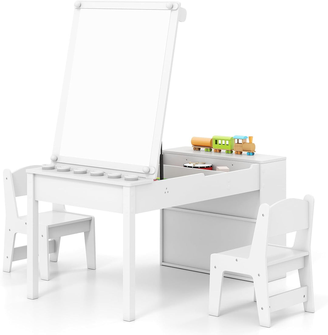 FANTASK 3-in-1 Holz Kindertisch mit 2 Stühlen, höhenverstellbare Tischplatte, Staffelei, Farbbechern