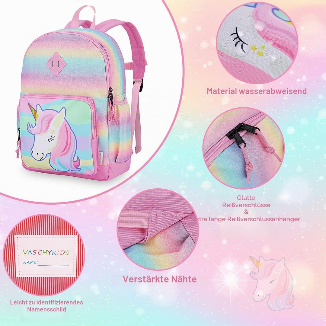 VASCHY Mädchen Schulrucksack 4-6 Jahre Schulrucksack mit Seitentaschen und Brustgurt 127-einhorn, 12