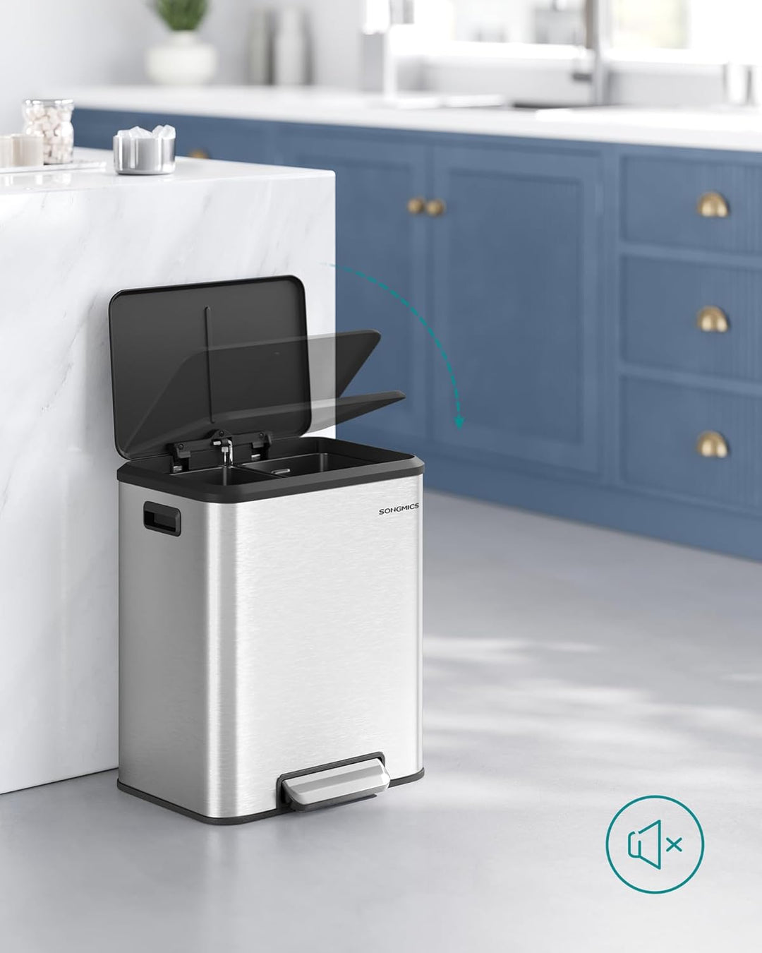 SONGMICS Mülleimer Küche, Mülltrennsystem 2 x 15 L, 2 Fächer für Recycling und Restmüll, Abfalleimer