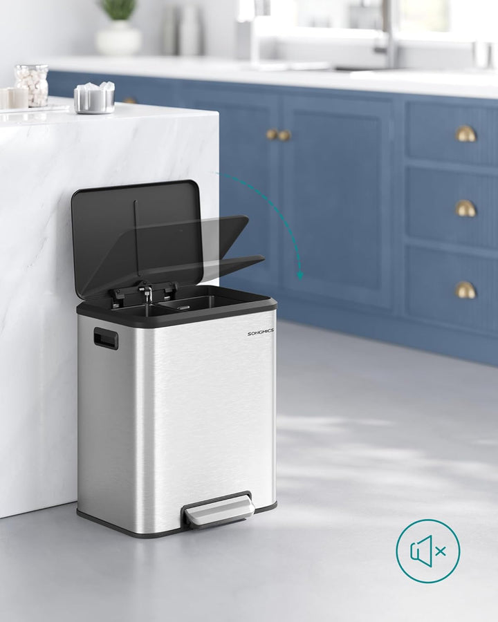 SONGMICS Mülleimer Küche, Mülltrennsystem 2 x 15 L, 2 Fächer für Recycling und Restmüll, Abfalleimer