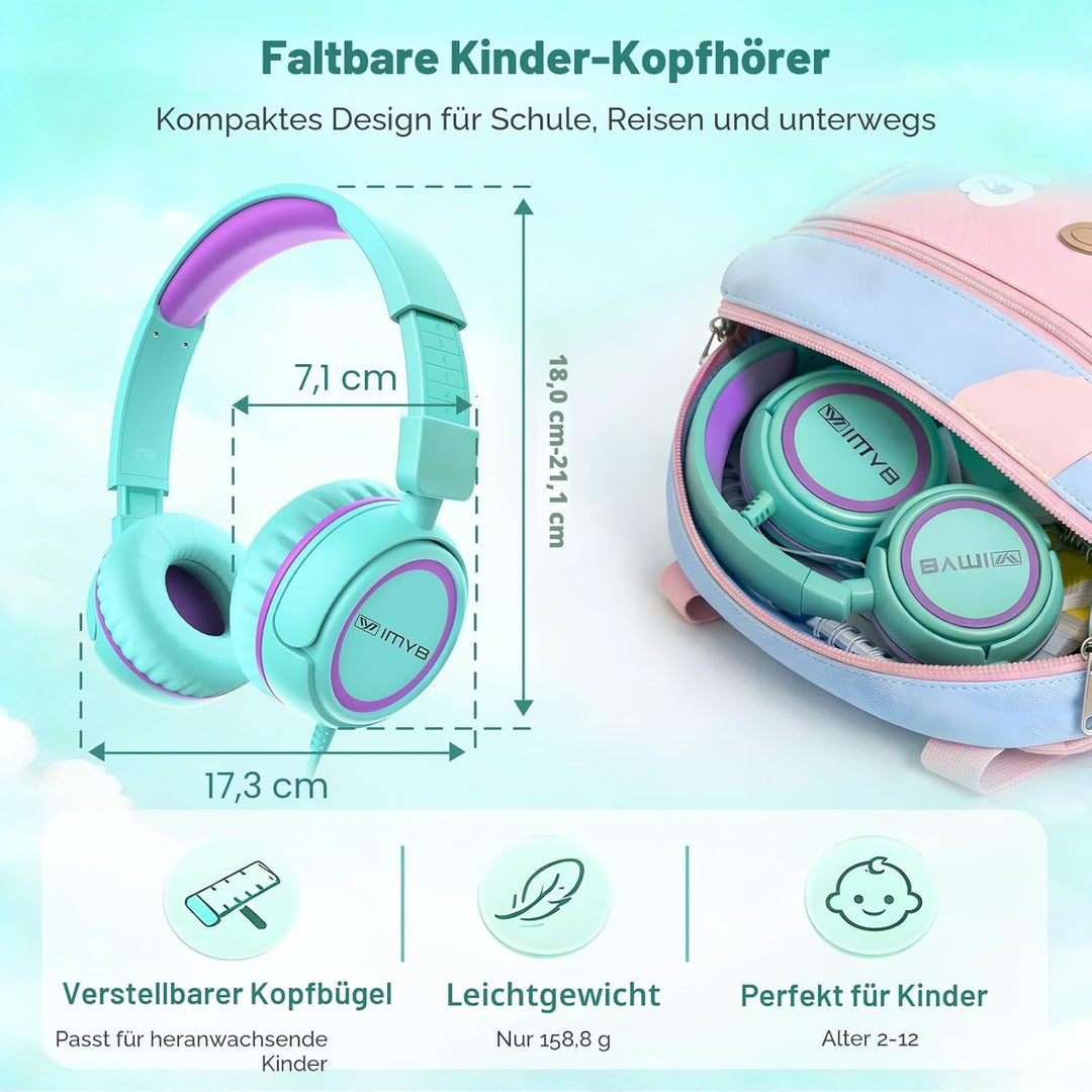 Kinder kopfhörer, Kopfhörer für Kinder mit Kabel, faltbar, Stereo Sound, Sichere Lautstärkebegrenzun