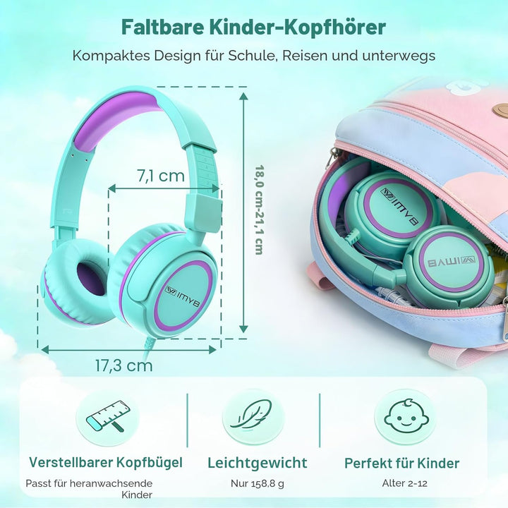 Kinder kopfhörer, Kopfhörer für Kinder mit Kabel, faltbar, Stereo Sound, Sichere Lautstärkebegrenzun