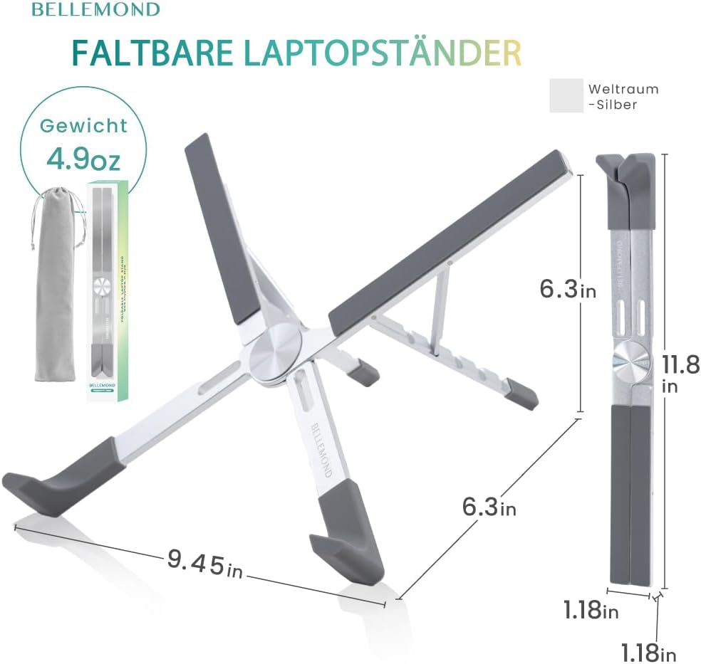 BELLEMOND Verstellbarer Laptopständer | Faltbar, Aluminium | Ergonomisches X-Frame-Design aus Japan