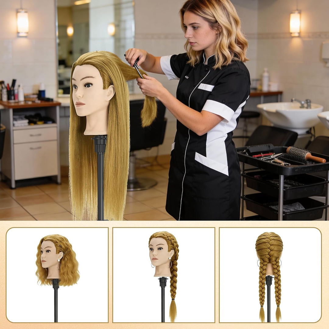 TwoWin Friseurkopf Echthaar mit Ohrlöchern, 60 cm (24 Zoll) 80% Haaren Mannequin Frisierkopf, Traini