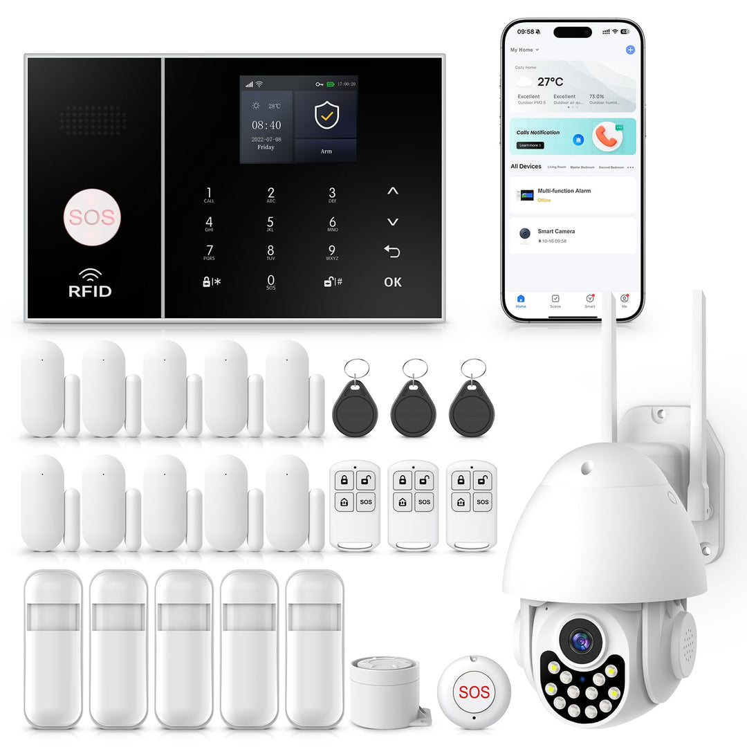 Clouree Alarmanlagen-Set für Zuhause mit 3MP-Aussenkamera, 4G+WLAN-Alarmsystem mit Sirene, PIR-Beweg