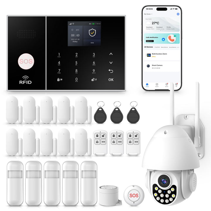 Clouree Alarmanlagen-Set für Zuhause mit 3MP-Aussenkamera, 4G+WLAN-Alarmsystem mit Sirene, PIR-Beweg