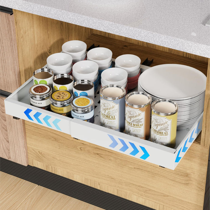 iHomara 1 Pack erweiterbarer ausziehbarer Schrankorganisator mit Klebefläche, 42 cm tiefe Schubladen