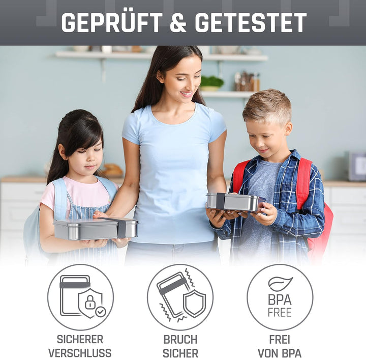Edelstahl Brotdose mit Fächern 800ml | inkl. flexiblem Trenner | Brotbox Kinder mit Unterteilung | B