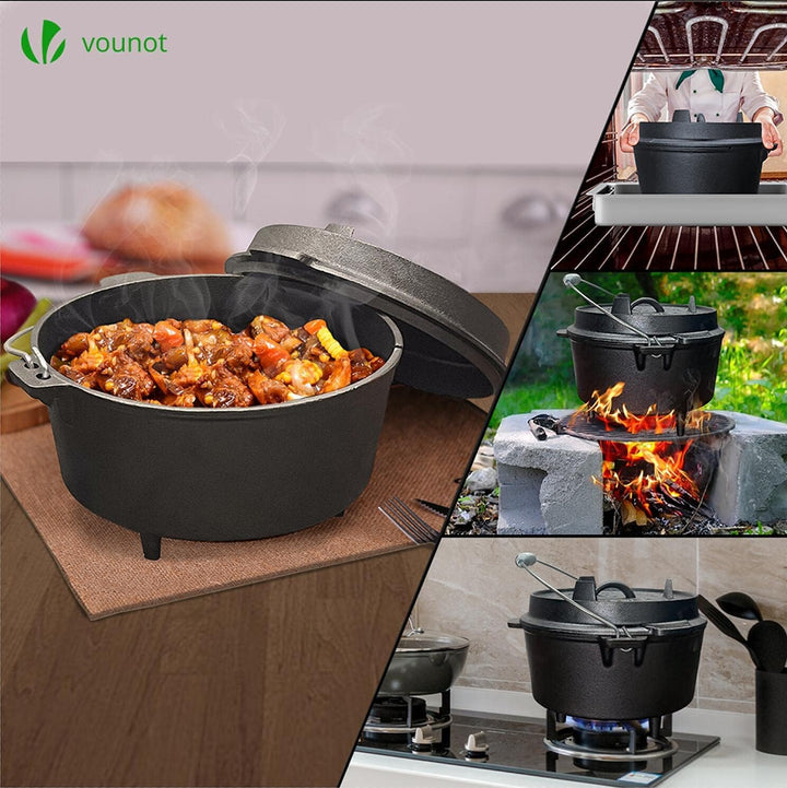 VOUNOT Dutch Oven Set 4.25 Liter, Eingebrannter Feuertopf aus Gusseisen für Garten Lagerfeuer Campin