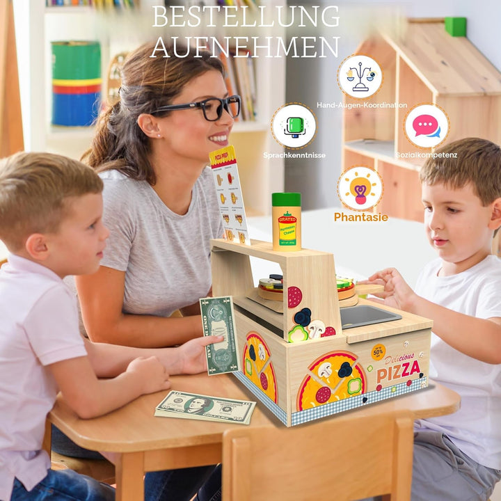 Pizza-Ofen Holzspielzeug ab 3 Jahre Kinder Montessori Spielzeug Kinderküche Zubehör mit Pizza, Pizza