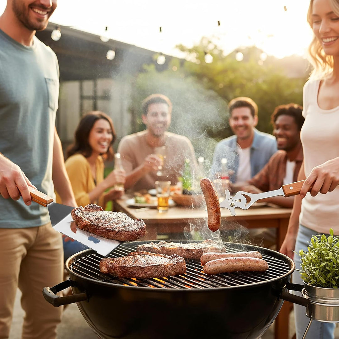 7 in 1 Multifunktion Grillbesteck Set, 2 Stück Edelstahl Grillspachtel für Barbecue Grill mit Holzgr