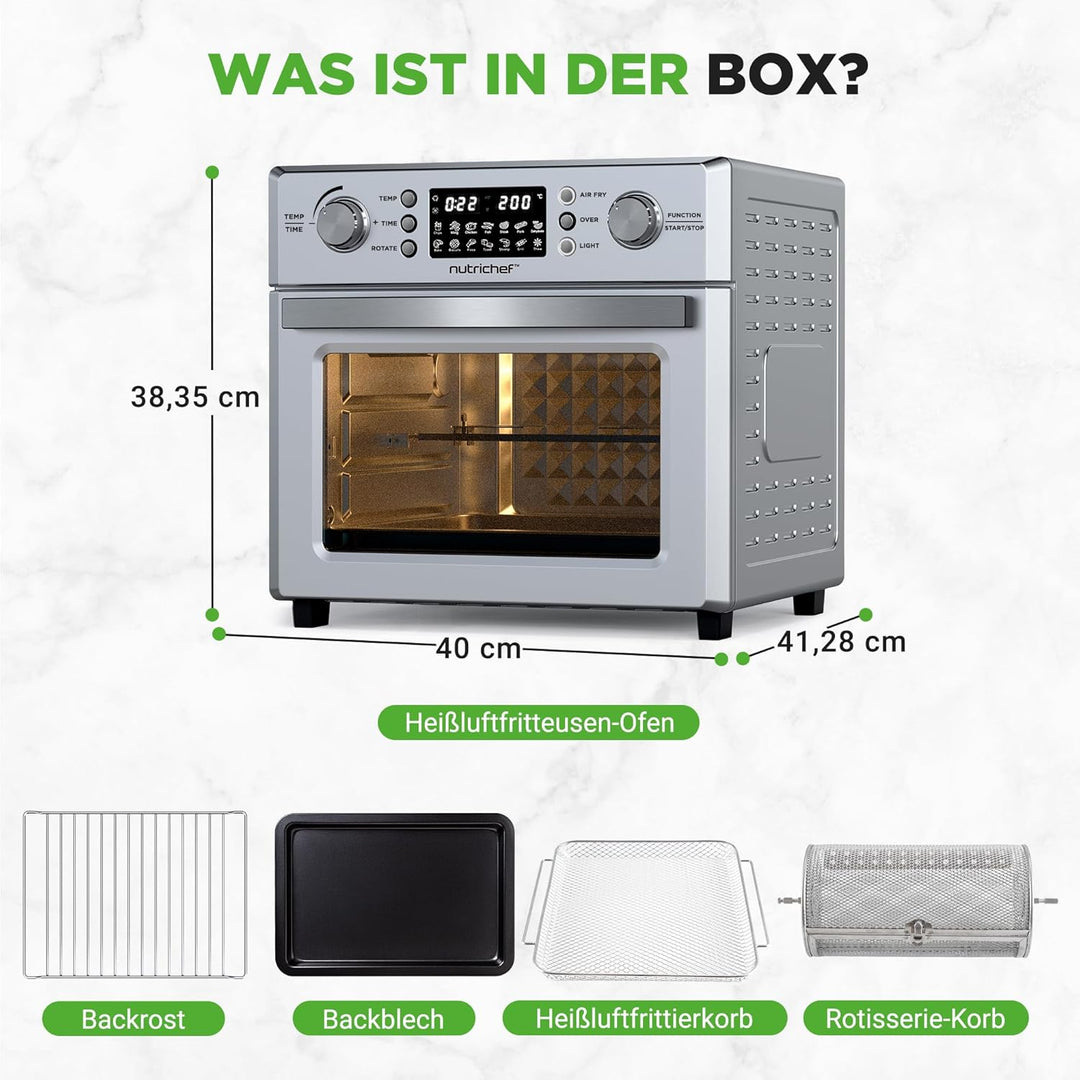 NutriChef Heissluftfritteuse 26L – Multifunktionaler Airfryer Ofen mit Rotisserie & Dampfgarer | 10-