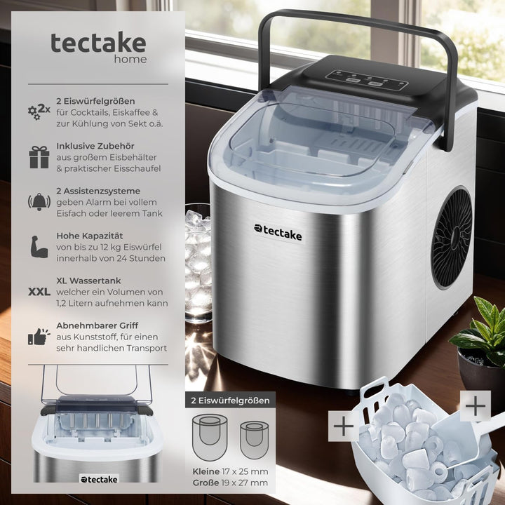 tectake® Eiswürfelmaschine, Ice Maker, 2,1l Volumen, Eiswürfelbereiter, Maschine bereitet 9 Würfel i