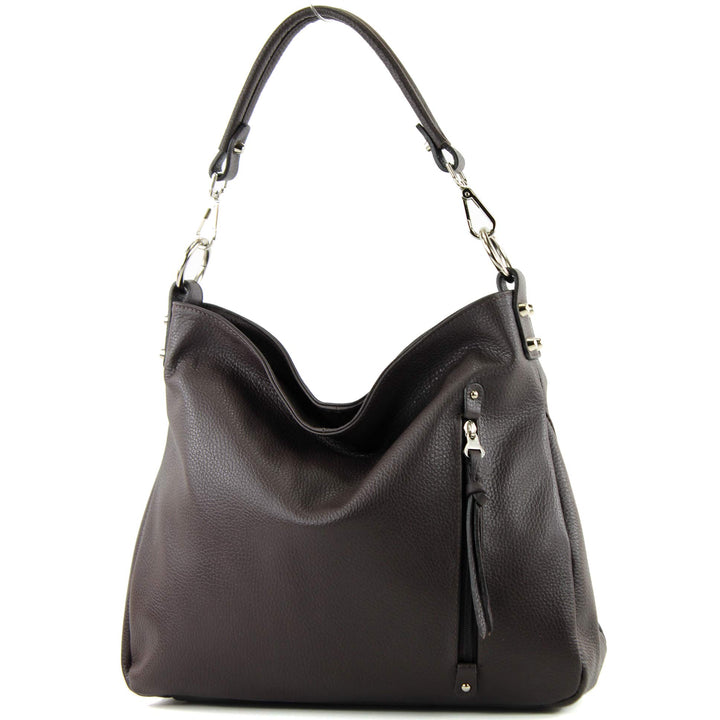 modamoda de - T183 - ital. Damen Schultertasche aus Leder Dark Chocolate, Dark Chocolate