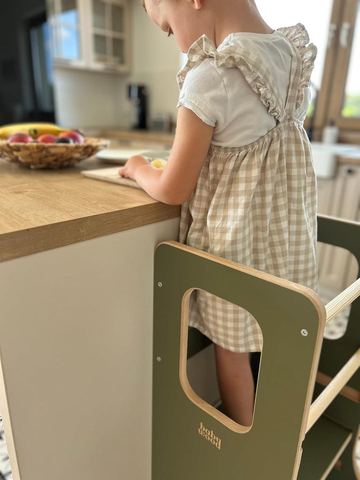 Kindersicherer Lernturm Oliv | Verstellbarer Montessori-Küchenhelfer | Montessori grün Küchenhelfer