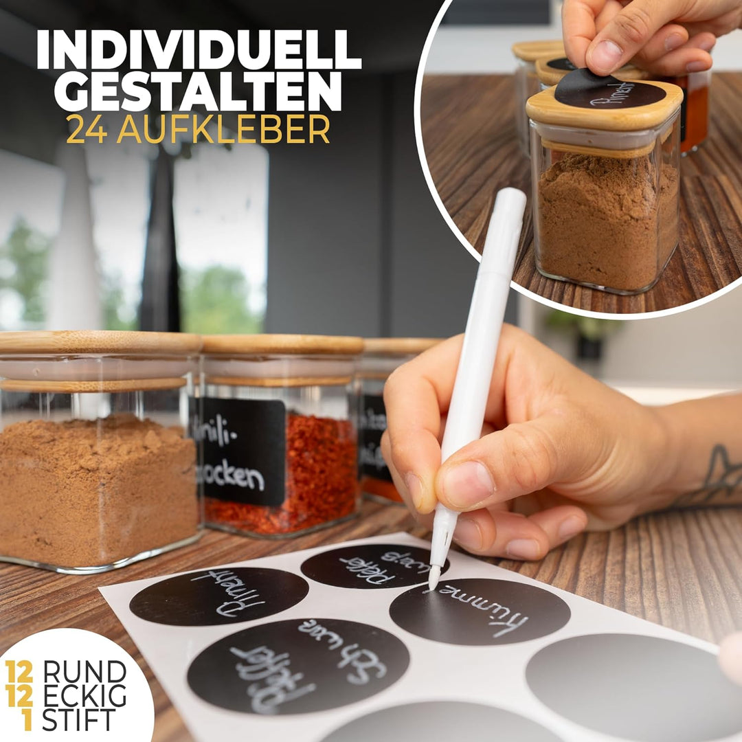 CLIDOR ® - Gewürzgläser Eckig - 12 x 160 ML ( innovative 3mm Glasdicke ) luftdichte Gewürzdosen - st