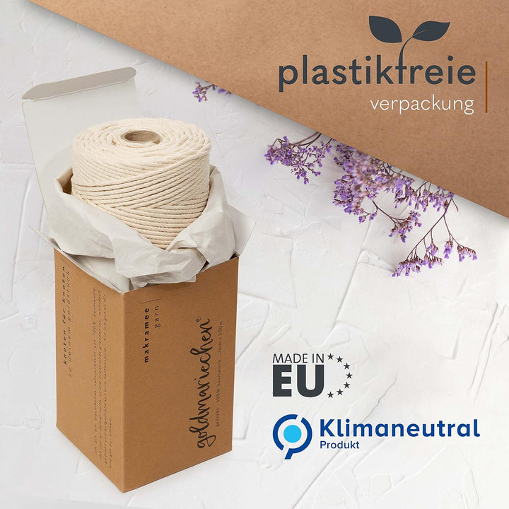 goldmariechen Premium Makramee Garn 3er Set (Naturell, Beere, Lavendel) | 3mm | 100% Baumwolle | pla
