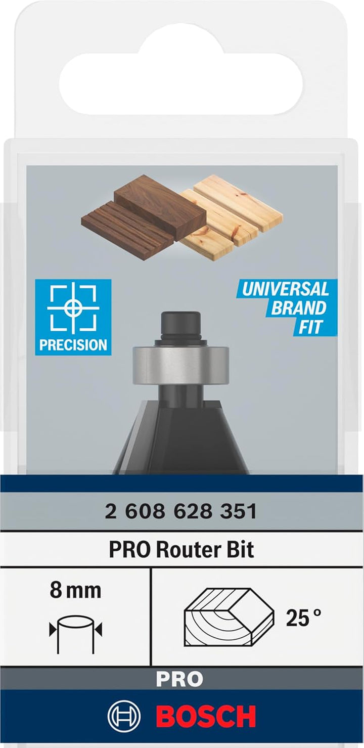 Bosch Professional Fasefräser Standard for Wood (für Holz, Ø 23,7 mm, Arbeitslänge 12 mm, 25° Winkel