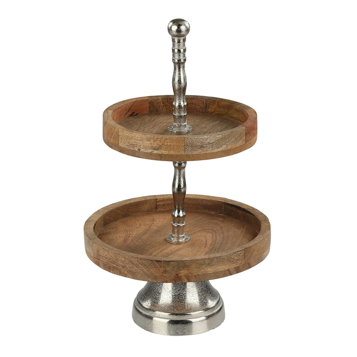 Nordstern Etagere aus Alu-Mangoholz - 2 Etagen - Ø 24,5 x 40 cm
