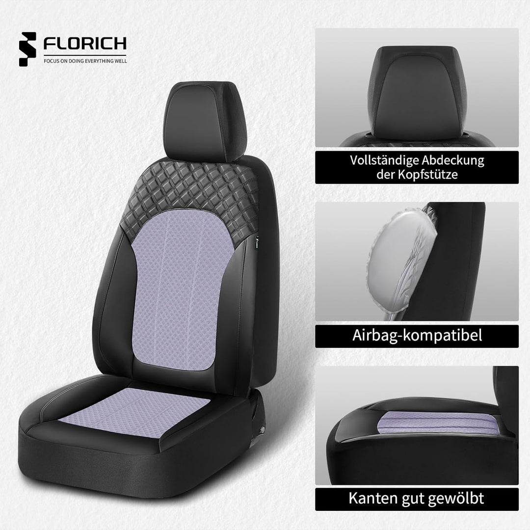 FLORICH Autositzbezüge Komplettset Vordersitzbezüge, PU Leder Air-Mesh Sitzbezüge Atmungsaktiver Sit