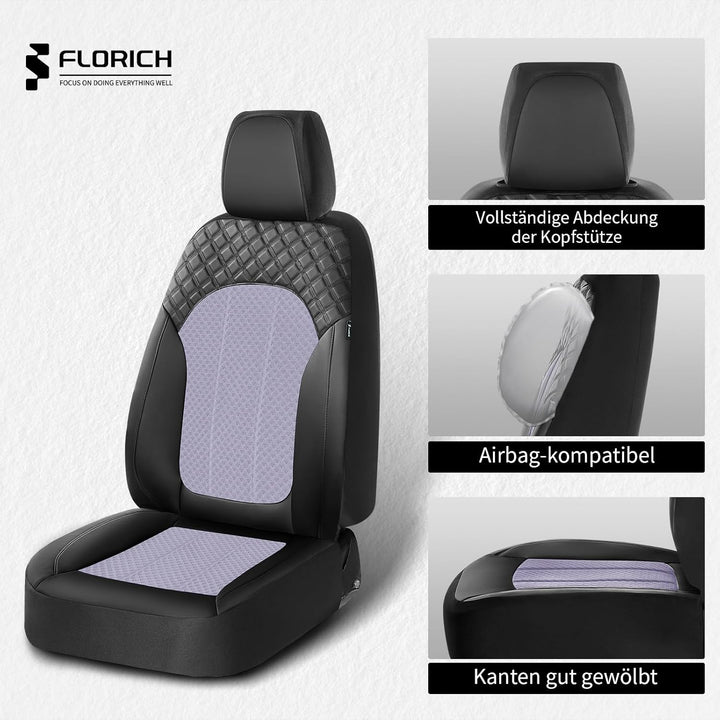 FLORICH Autositzbezüge Komplettset Vordersitzbezüge, PU Leder Air-Mesh Sitzbezüge Atmungsaktiver Sit