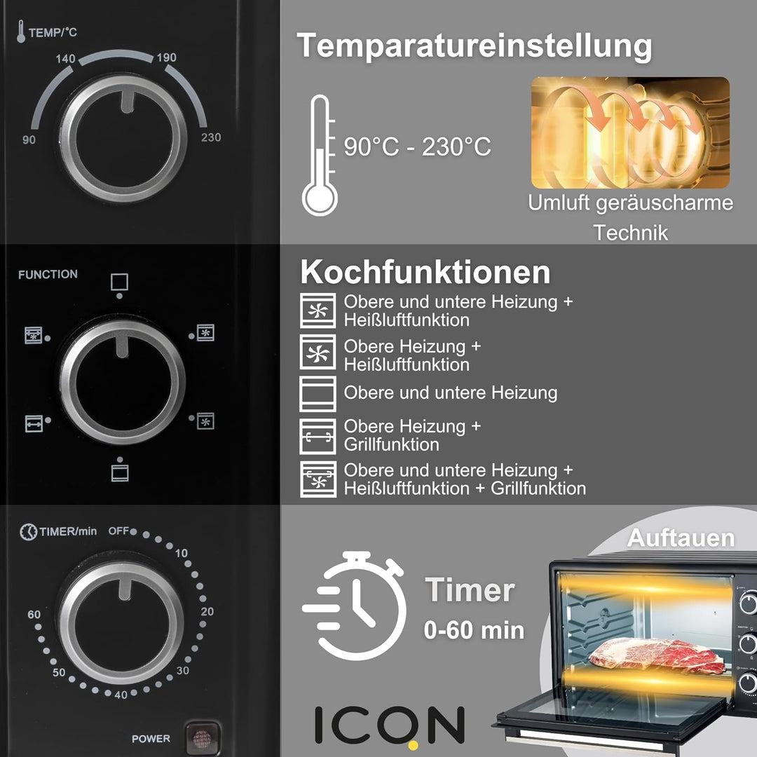 ICQN 50L Minibackofen mit Umluft, 1800 W, Innenbeleuchtung, 5 Kochfunktionen, 60 Min Timer, inkl. Ba
