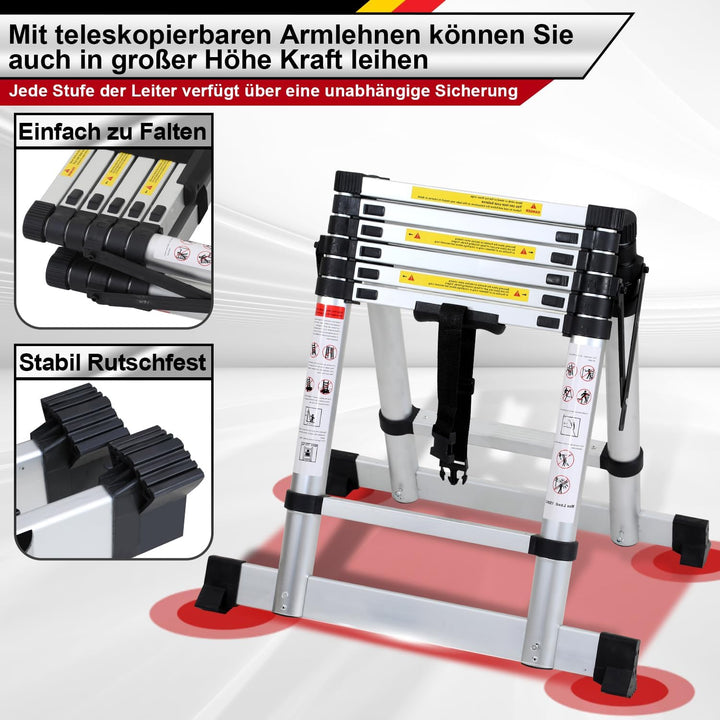 1.7+2M Teleskopleiter Klappleiter, Rutschfester Aluleiter Mehrzweckleiter Ausziehbare Leiter, A-Rahm