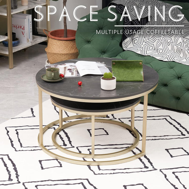 Soayone Couchtisch Rund 2er Set, Schwarz Marmor Couchtisch mit Gold Metallgestell, Beistelltisch Run