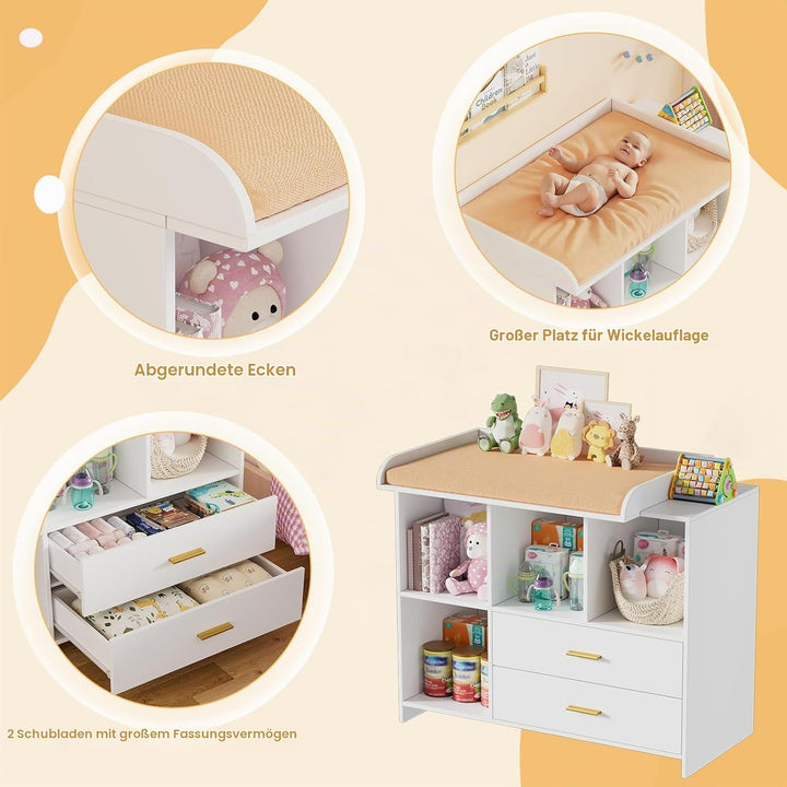 MSFE Wickelkommode Wickeltisch Baby Wickelkommode aus Holz mit abnehmbarem Wickelaufsatz, 2 Schublad